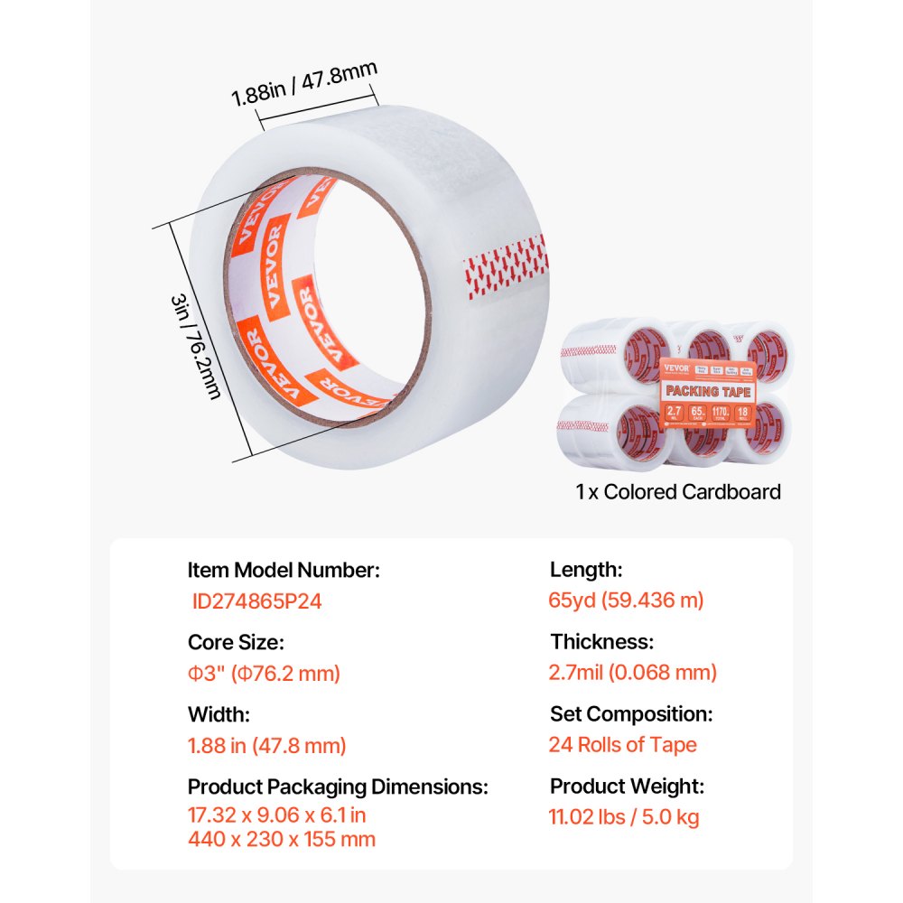 VEVOR Clear Packing Tape, 3 inches Core, 18 Rolls 1.88 Inches x 65 Yards Packing Tape, 2.7 Mil Thick, Heavy Duty Packaging Tape Designed for Moving, Storage and Packing, Shipping and Mailing, Office