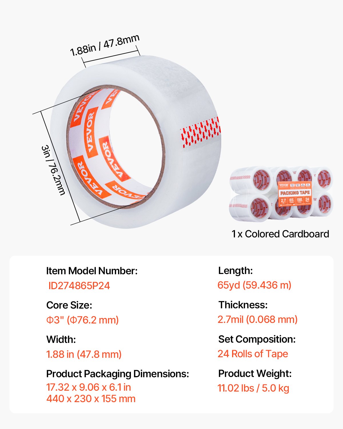 VEVOR Clear Packing Tape, 3 inches Core, 24 Rolls 1.88 Inches x 65 Yards Packing Tape, 2.7 Mil Thick, Heavy Duty Packaging Tape Designed for Moving, Storage and Packing, Shipping and Mailing, Office