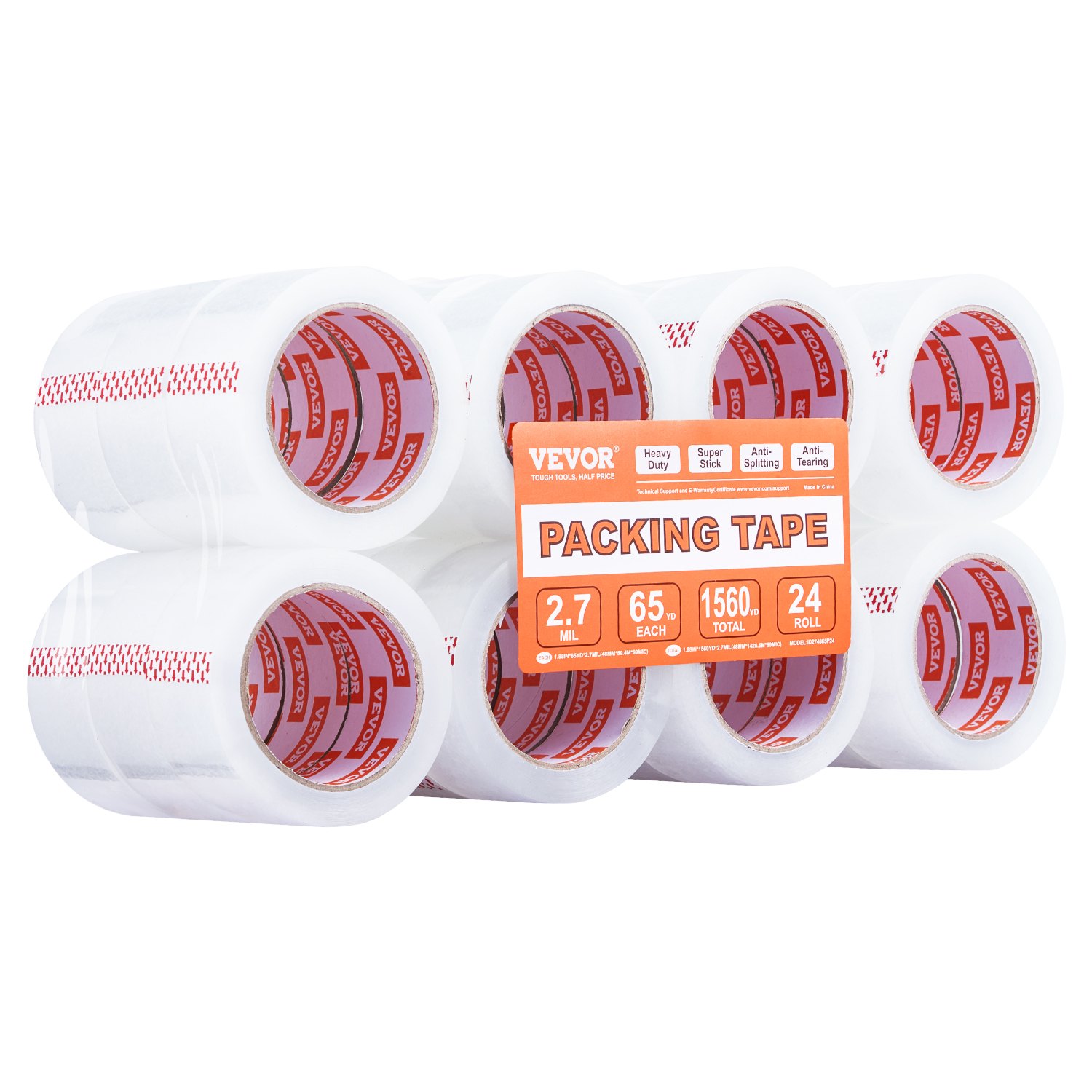 VEVOR Clear Packing Tape, 3 inches Core, 24 Rolls 1.88 Inches x 65 Yards Packing Tape, 2.7 Mil Thick, Heavy Duty Packaging Tape Designed for Moving, Storage and Packing, Shipping and Mailing, Office