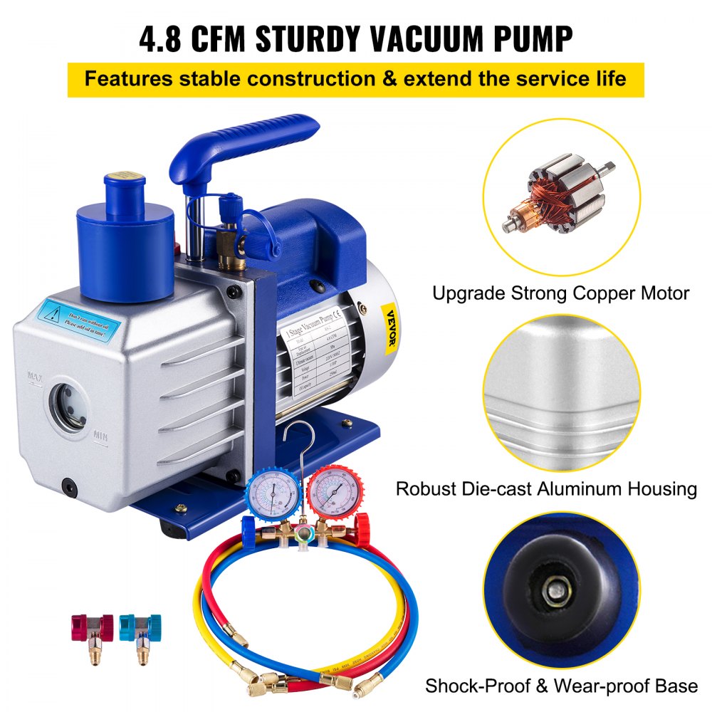 VEVOR Vacuum Pump Kit 4.8CFM 1/3HP Single Stage HVAC A/C Refrigeration Kit 5PA Ultimate Vacuum, Manifold Gauge Set Including Rotary Vane Vacuum Pump for Air Conditioning Systems