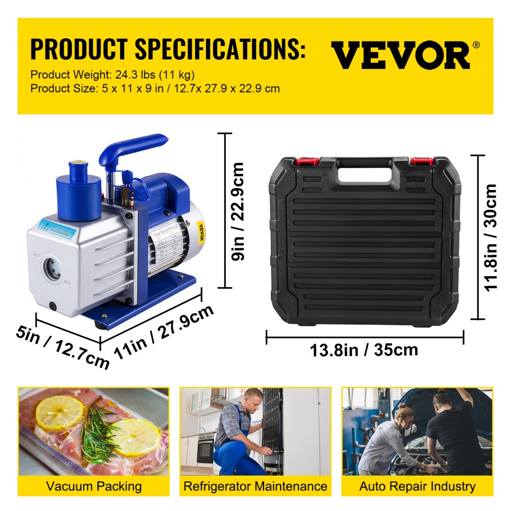 VEVOR Vacuum Pump Kit 4.8CFM 1/3HP Single Stage HVAC A/C Refrigeration Kit 5PA Ultimate Vacuum, Manifold Gauge Set Including Rotary Vane Vacuum Pump for Air Conditioning Systems