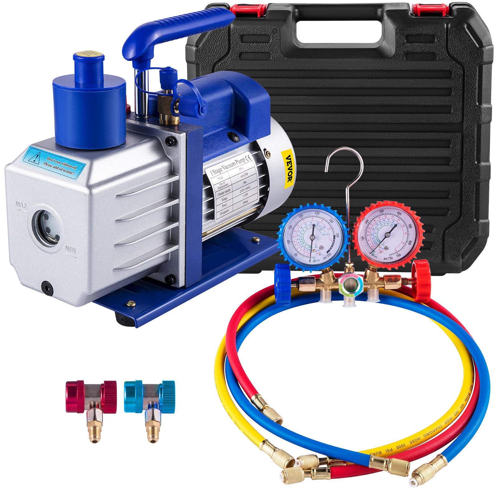 VEVOR Vacuum Pump Kit 4.8CFM 1/3HP Single Stage HVAC A/C Refrigeration Kit 5PA Ultimate Vacuum, Manifold Gauge Set Including Rotary Vane Vacuum Pump for Air Conditioning Systems