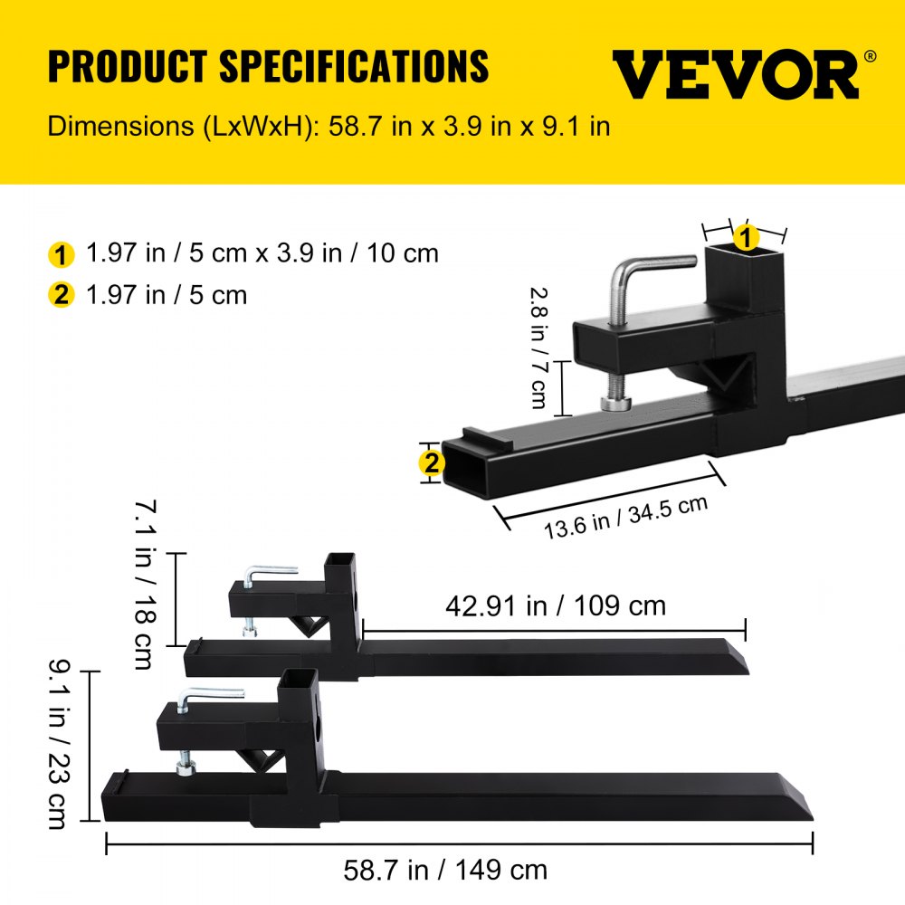 VEVOR Pallet Forks 42.9" 4000 Lbs Max, Clamp On Tractor Bucket Forks 58.7" Total Length, Heavy Duty Front Loader Forks, Fork Attachment for Skid Steer,Loader Bucket