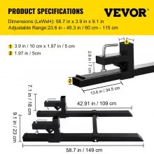 VEVOR Pallet Forks 42.9" 4000 Lbs Max, Clamp On Tractor Bucket Forks with Adjustable Stabilizer Bar, Heavy Duty Front Loader Forks 58.7" Total Length, Fork Attachment for Skid Steer, Loader Bucket