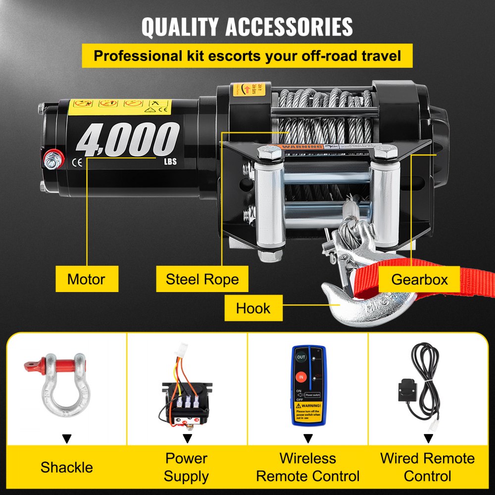 ATV Winch Rope Steel Cable Foot-Remote Roller Superwinch Pull Upto 4000lbs