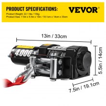 VEVOR 12V 4000lb winch with Wireless Remote Control,Electric Winch with 10 m 32.8 ft durable steel cable