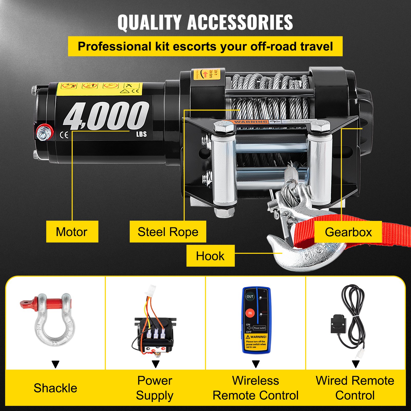ATV Winch Rope Steel Cable Foot-Remote Roller Superwinch Pull Upto 4000lbs