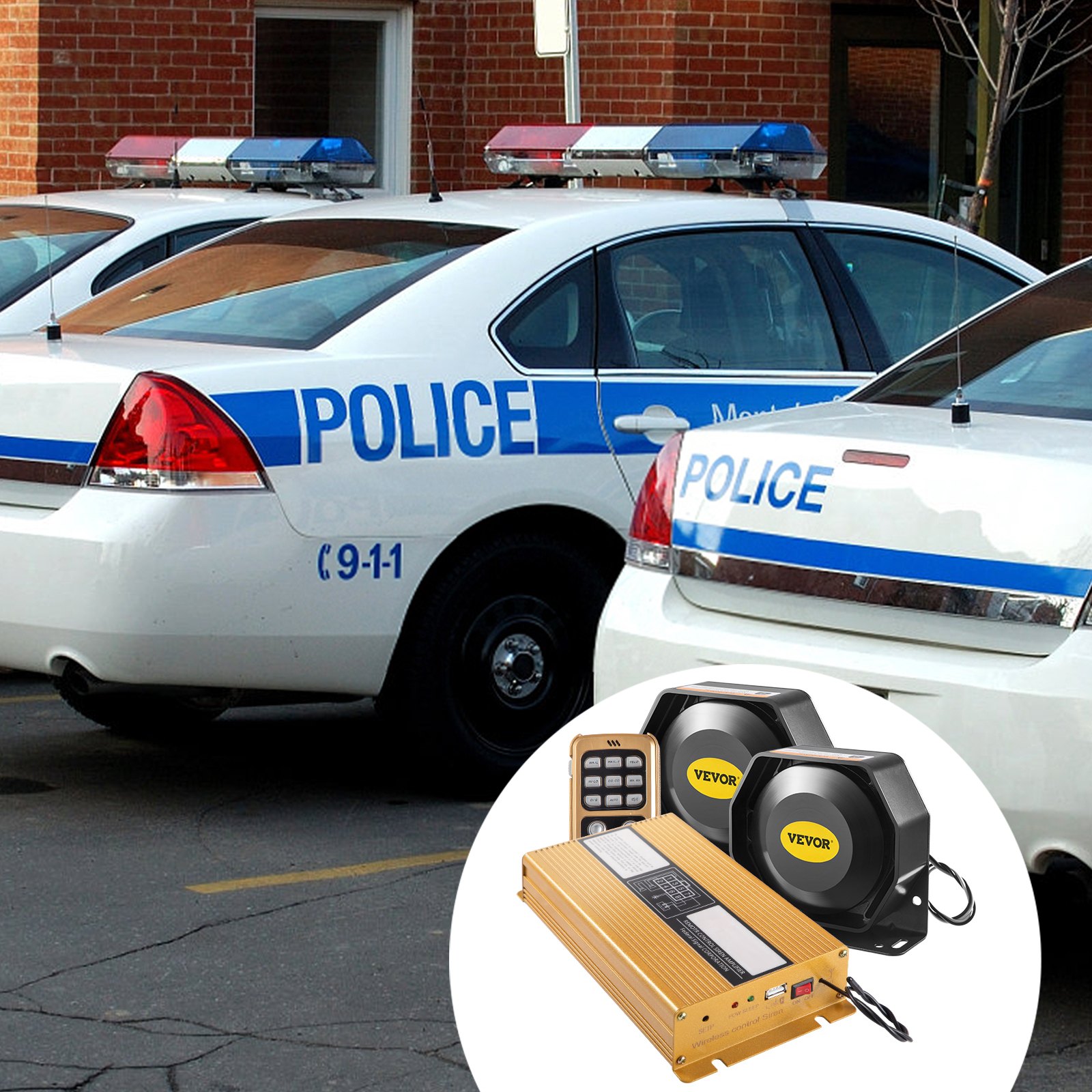police cars with VEVOR car warning alarm system components on a sunny street.