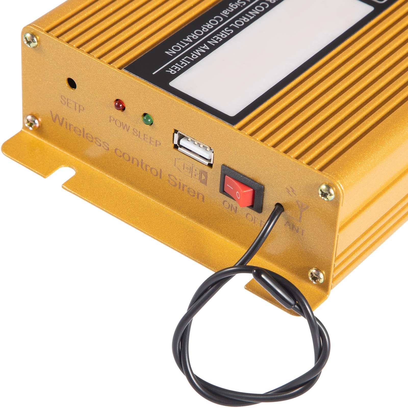 gold VEVOR car warning alarm system with usb port, led indicators, and power switch.