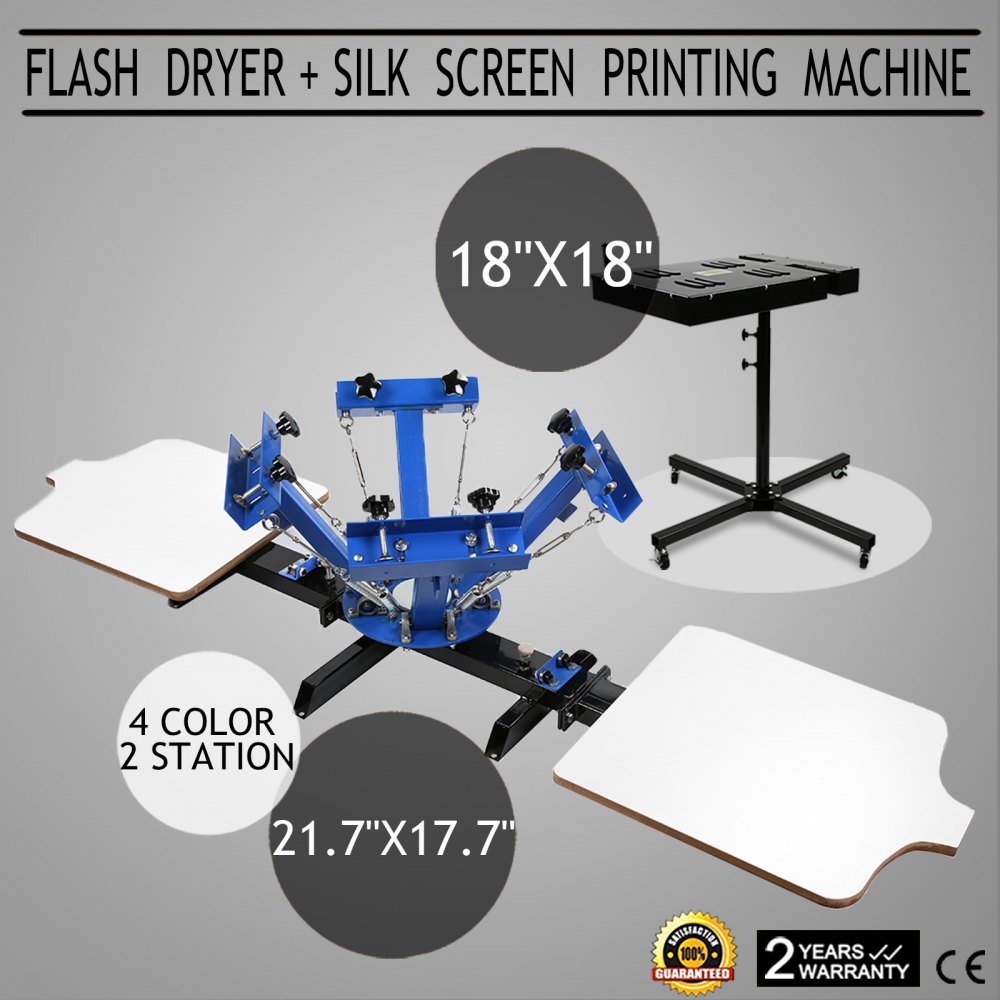 Updated Full Set 4 Color Station Press Printer & Flash Dryer Screen Printing Kit