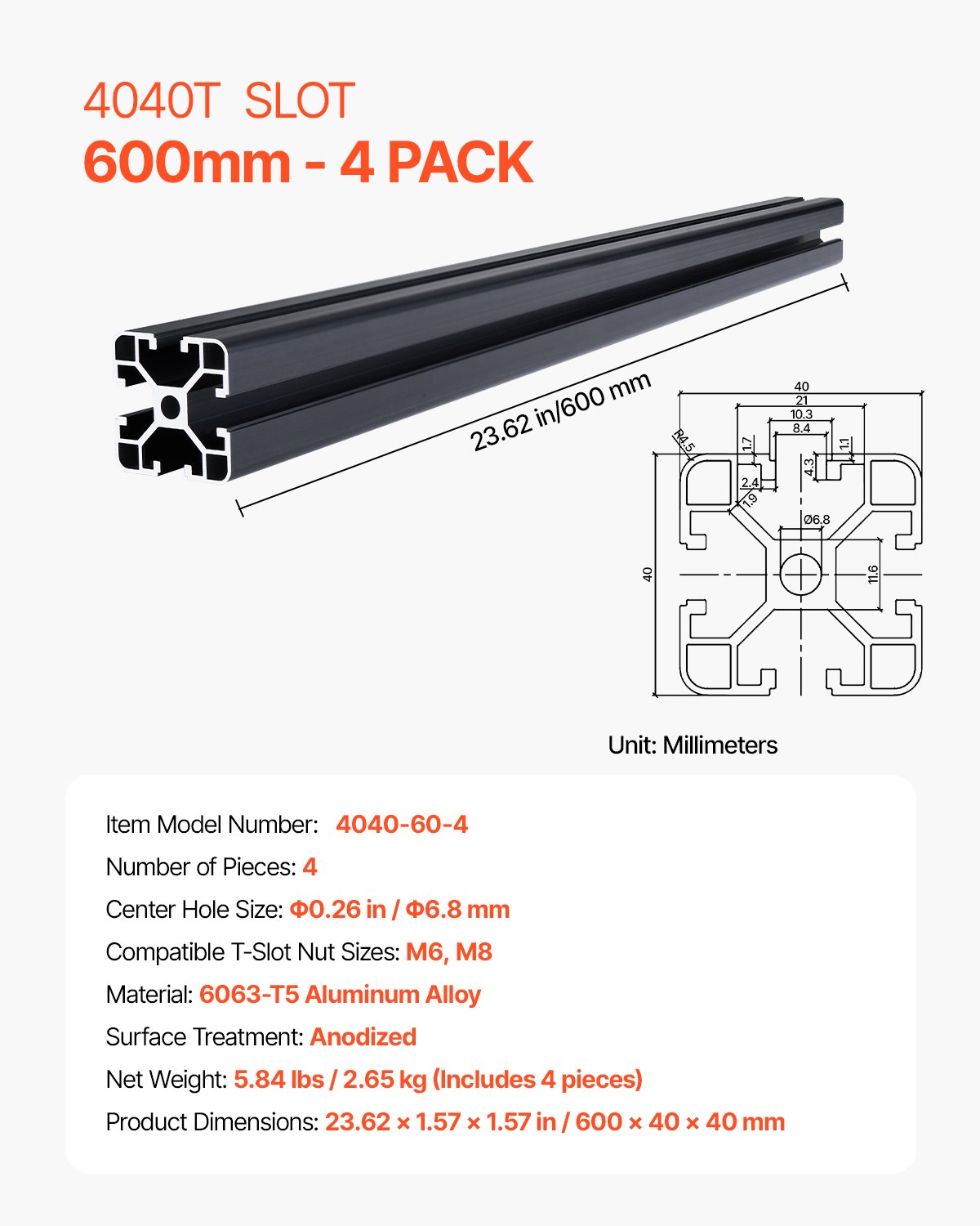 VEVOR 4PCS 23.6 in (600 mm) T Slot 4040 Aluminum Extrusion Profile, European Standard Anodized Linear Rail, High-Strength Extruded Aluminum Rail for 3D Printer, CNC Machine DIY, Laser Engraving, Black