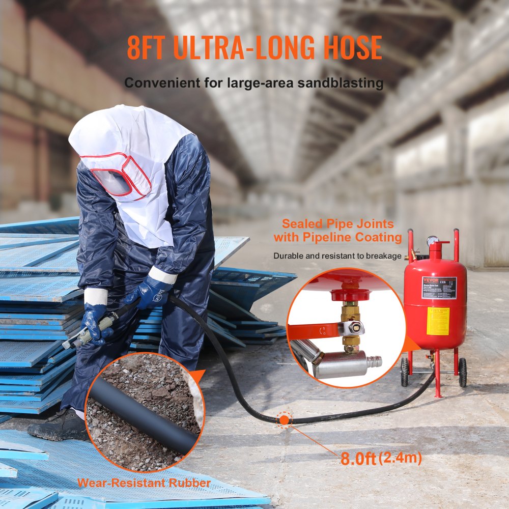 VEVOR Sandblaster 10 Gallon/40L Blast Sandblasting Equipped with Nozzle Shut-Off Valve Pressure Gauge Ceramic Nozzle Rubber Wheels Grit Blasting