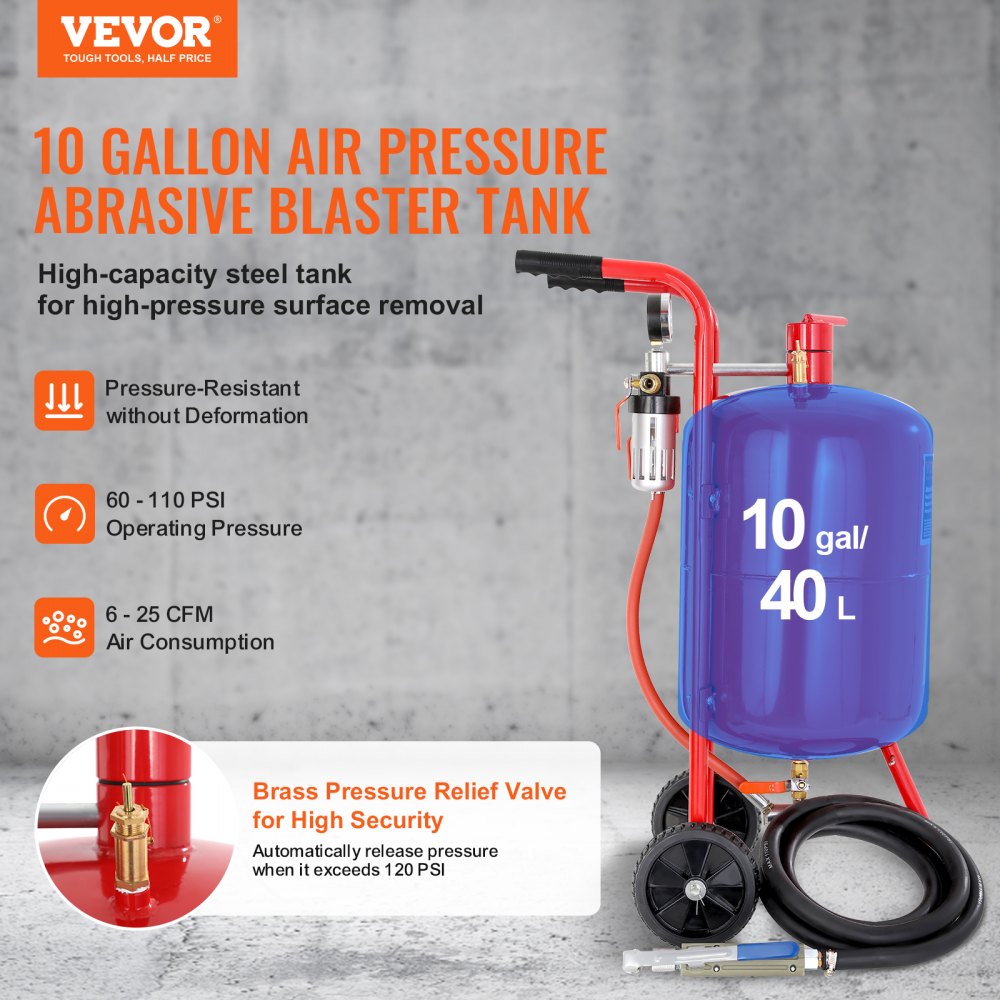 VEVOR 10Gal/40L Sandblaster Equipped with Nozzle Shut-Off Valve Pressure Gauge Ceramic Nozzle 2.5m Hose Filling Funnel Watertrap 6\" Rubber Wheels Grit Power Sand Blasters Portable Sandblasting Equipm