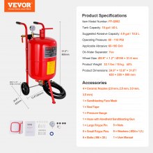 VEVOR 10 Gallon/38L Sandblaster εξοπλισμένο με μετρητή πίεσης βαλβίδας διακοπής ακροφυσίων Κεραμικό ακροφύσιο ελαστικοί τροχοί Grit Blasting Αμμοβολή