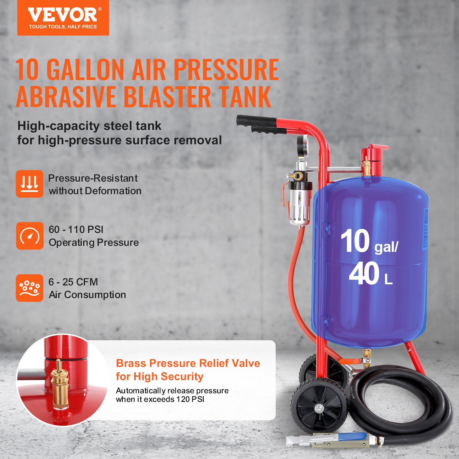 VEVOR 10Gal/40L Sandblaster Equipped with Nozzle Shut-Off Valve Pressure Gauge Ceramic Nozzle 2.5m Hose Filling Funnel Watertrap 6\" Rubber Wheels Grit Power Sand Blasters Portable Sandblasting Equipm