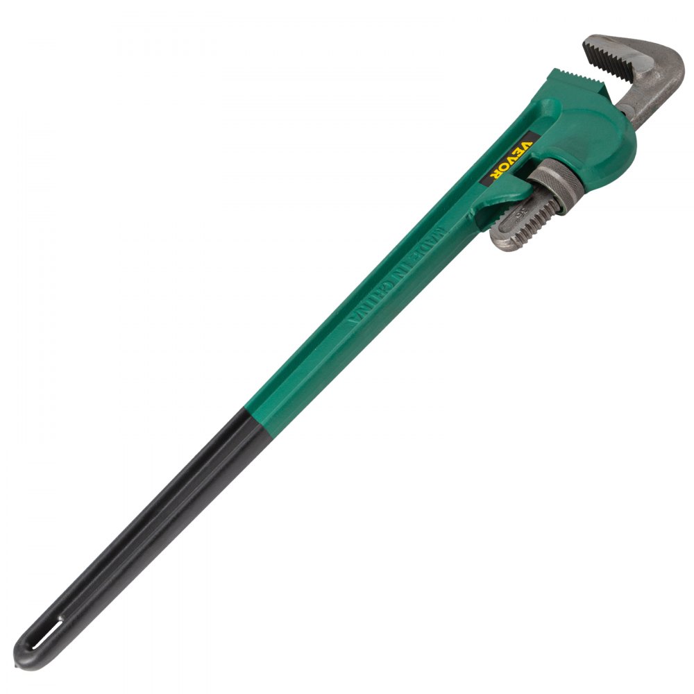 green and black VEVOR pipe wrench with a long handle and adjustable jaw.