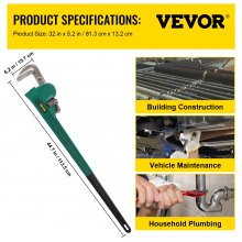Chave de tubo reto de aço VEVOR 48", chave de tubo de aço de alta dureza e resistência ao desgaste, chave de tubo de encanamento ajustável, capacidade de mandíbula de 4,3", ferramenta de encanador de alça reta