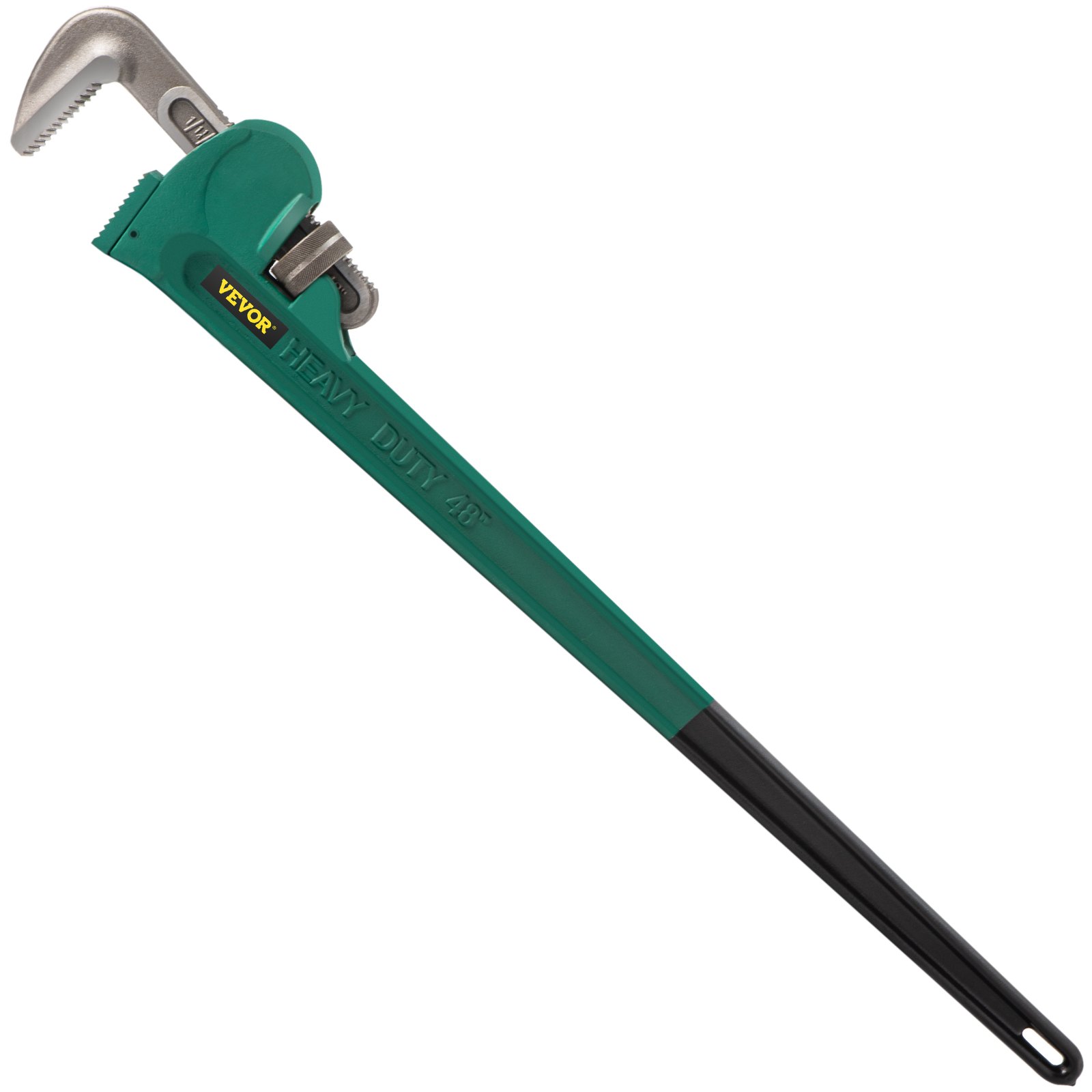 VEVOR pipe wrench 48&quot; heavy-duty with green and black handle, silver adjustable jaws.