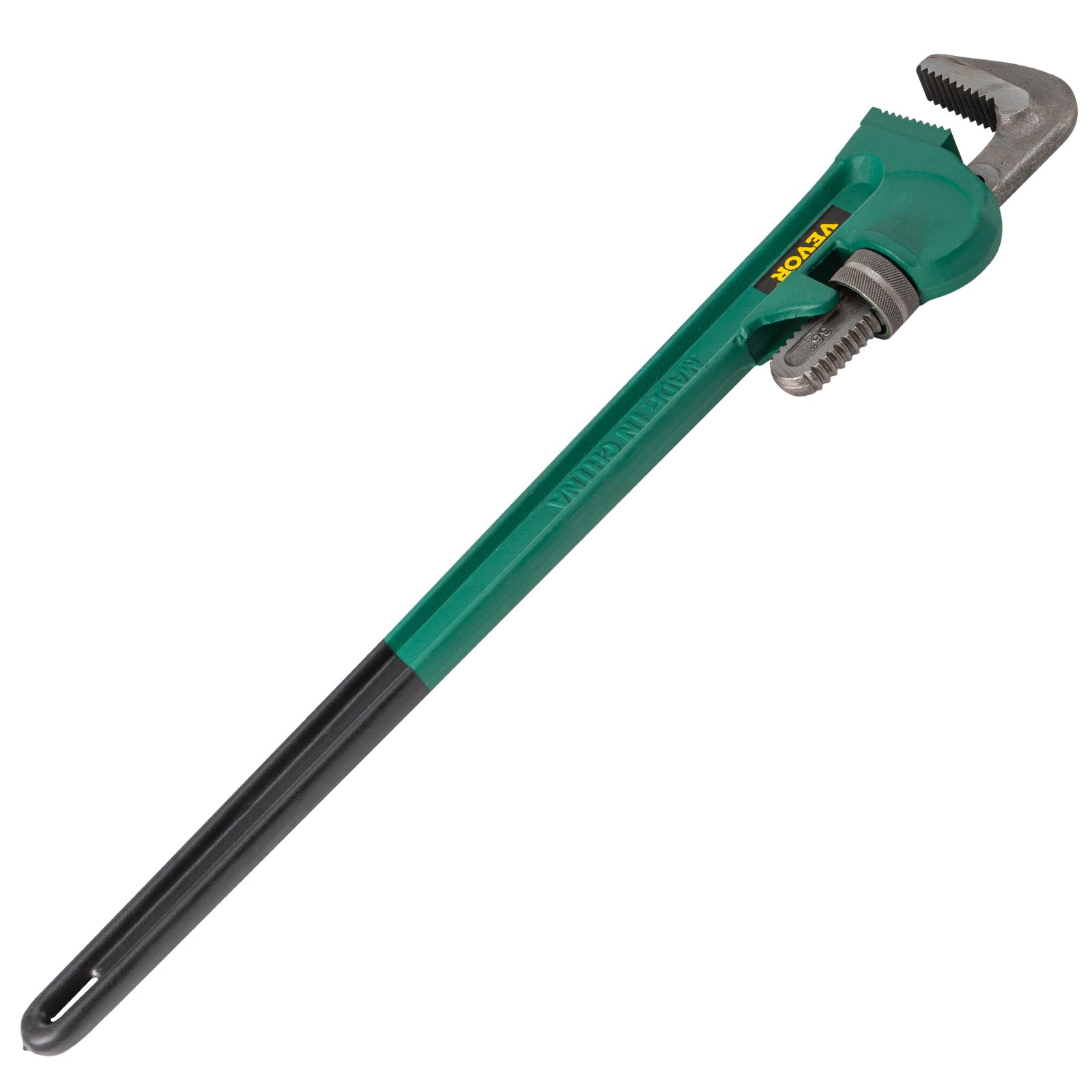 green and black VEVOR pipe wrench with a long handle and adjustable jaw.