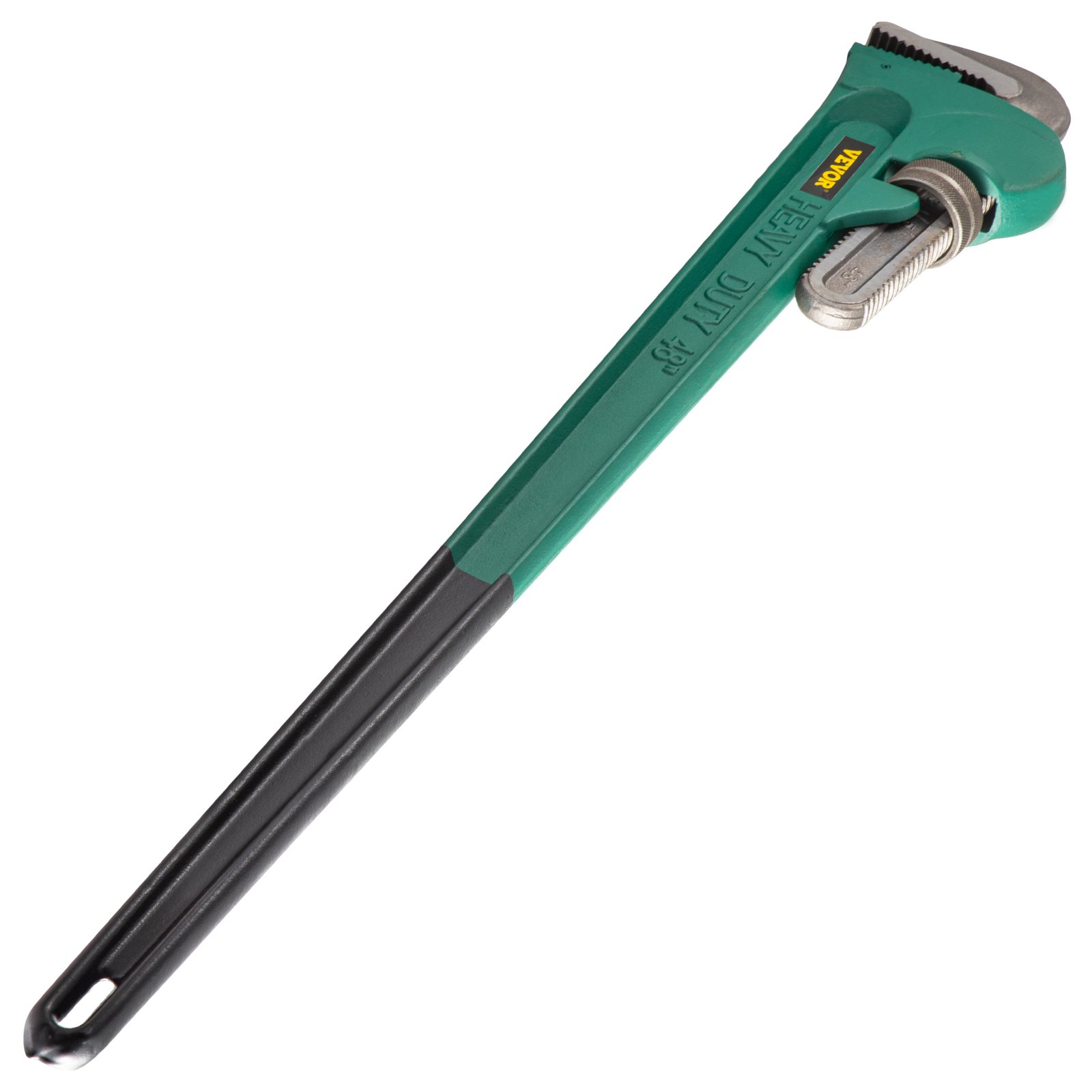 green and black 18-inch VEVOR pipe wrench with adjustable jaws.