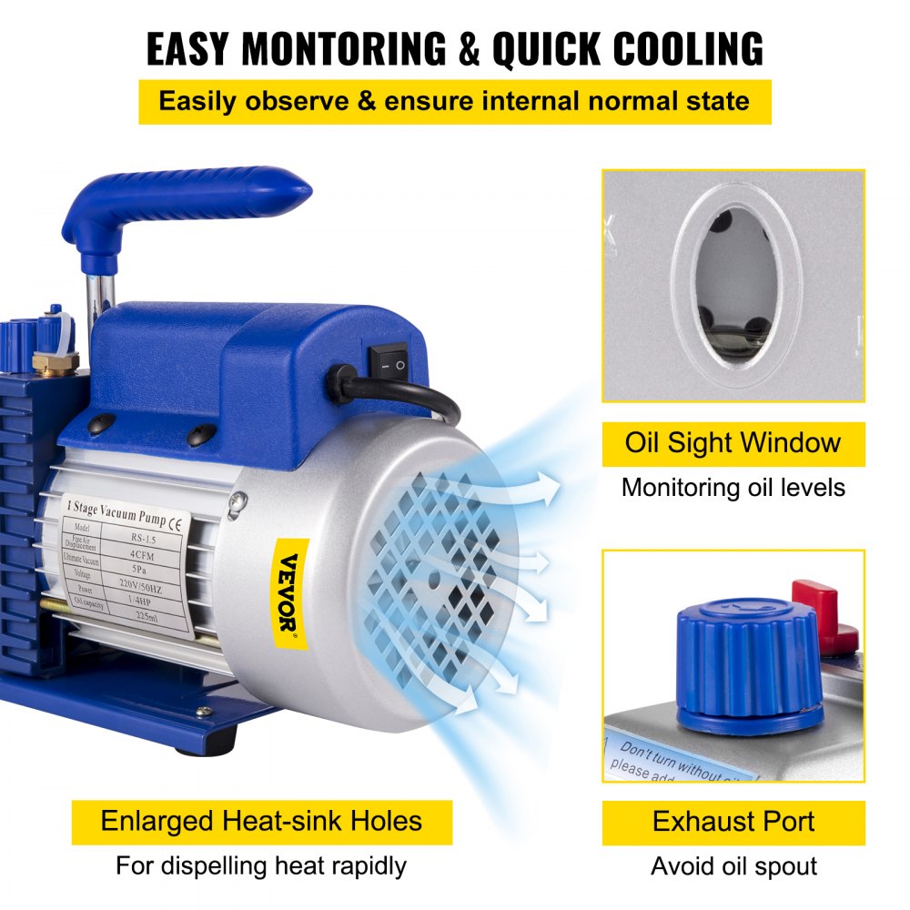 VEVOR 113 L/min(4CFM) 246W(1/3HP) Vacuum Pump ac vacuum pump aircon vacuum pump vacuum chamber vacuum drying pump HVAC Refrigeration R22 R12 R134A R502 Air-Condition Adapter A/C