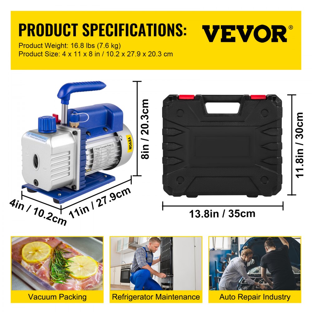 VEVOR 113 L/min(4CFM) 246W(1/3HP) Vacuum Pump ac vacuum pump aircon vacuum pump vacuum chamber vacuum drying pump HVAC Refrigeration R22 R12 R134A R502 Air-Condition Adapter A/C