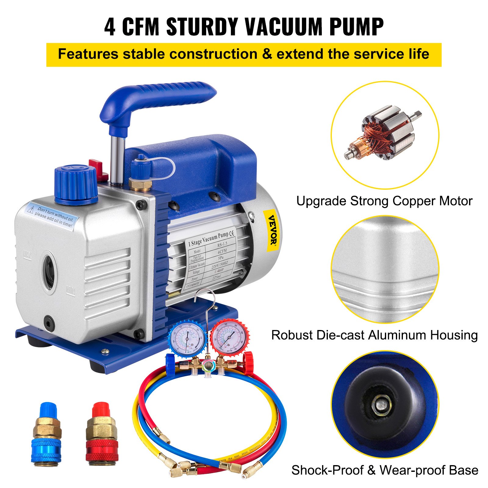 VEVOR 113 L/min(4CFM) 246W(1/3HP) Vacuum Pump ac vacuum pump aircon vacuum pump vacuum chamber vacuum drying pump HVAC Refrigeration R22 R12 R134A R502 Air-Condition Adapter A/C