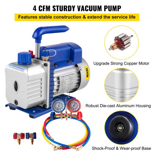 VEVOR Vacuum Pump 4CFM 1/4HP Air Vacuum Pump HVAC A/C Air Refrigerant Rotary Vane Vacuum Pump Single Stage 1 Valve AC Manifold Gauge Set