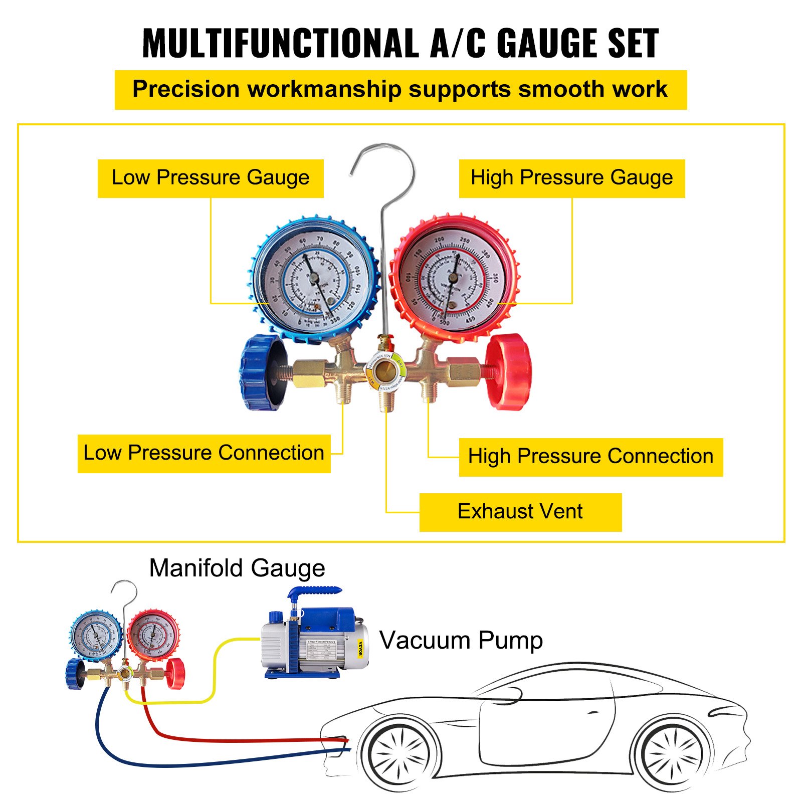 VEVOR Vacuum Pump 4CFM 1/4HP Air Vacuum Pump HVAC A/C Air Refrigerant Rotary Vane Vacuum Pump Single Stage 1 Valve AC Manifold Gauge Set