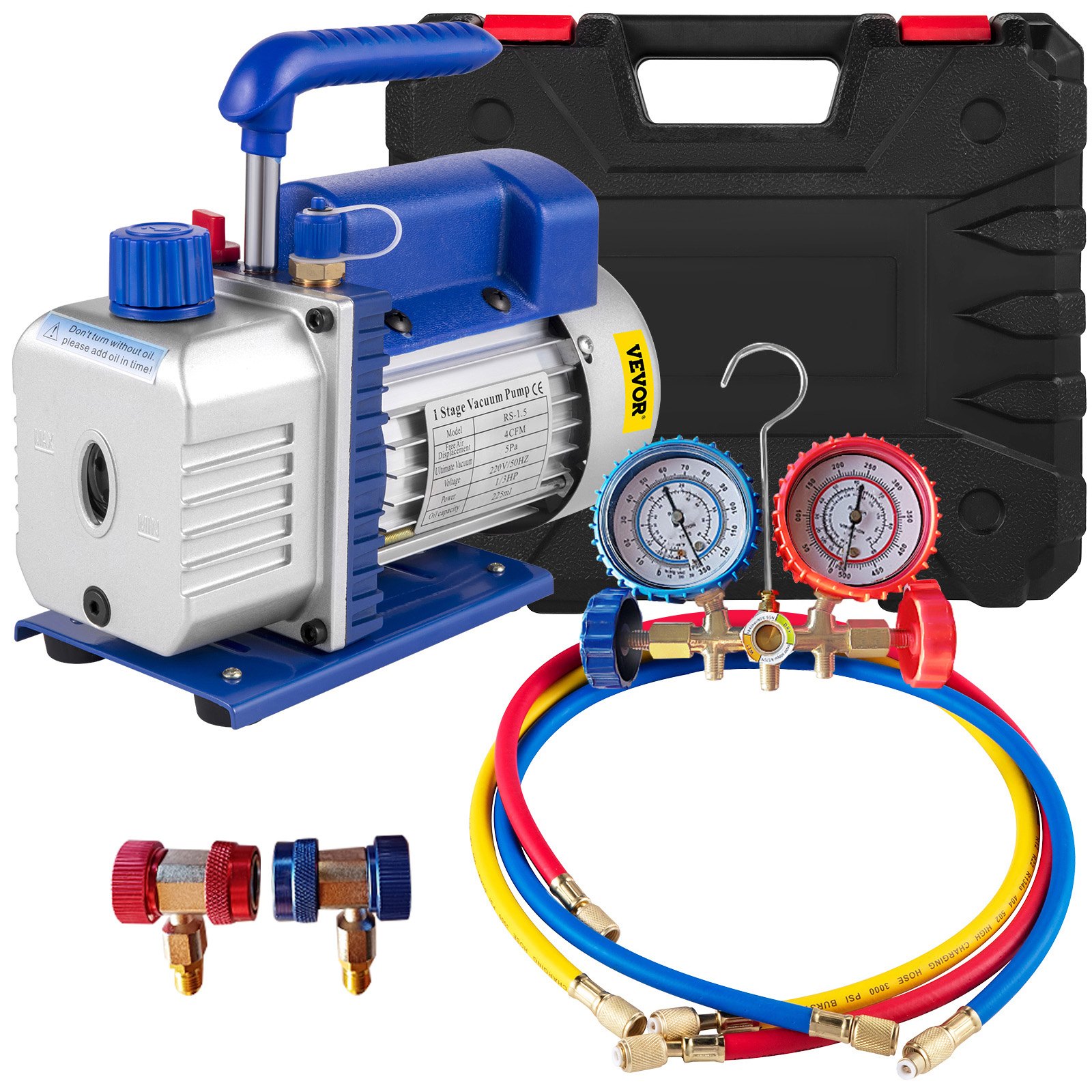 VEVOR Vacuum Pump 4CFM 1/4HP Air Vacuum Pump HVAC A/C Air Refrigerant Rotary Vane Vacuum Pump Single Stage 1 Valve AC Manifold Gauge Set