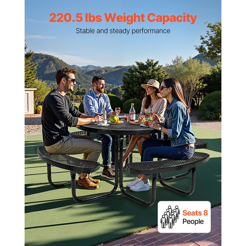 VEVOR Heavy-Duty Picnic Table, Outdoor Furniture Weather Resistant Patio Dining Set, Coated Steel Tables with Umbrella Hole, 46" Round Table and Bench Set, for Garden, Backyard, Porch (Black)