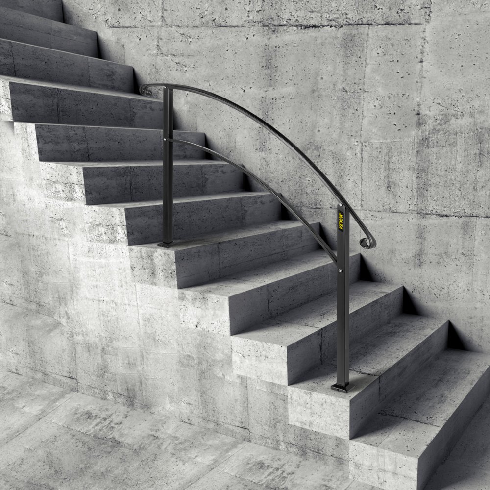 VEVOR 4-Step Handrail Fits 1 or 4 Steps Matte Black Stair Rail Wrought Iron Handrail with Installation Kit Hand Rails for Outdoor Steps