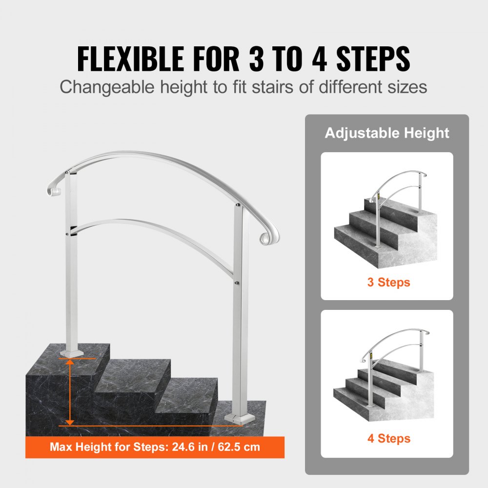 VEVOR Handrails for Outdoor Steps, Fit 1 or 4 Steps Outdoor Stair Railing, White Wrought Iron Handrail, Flexible Front Porch Hand Rail, Transitional Handrails for Concrete Steps or Wooden Stairs