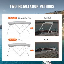 VEVOR 4 Bow Bimini Top Boat Cover, 900D Polyester Canopy with 1" Aluminum Alloy Frame, Waterproof and Sun Shade, Includes Storage Boot, 2 Support Poles, 4 Straps, 8'L x 54"H x 91"-96"W, Light Grey