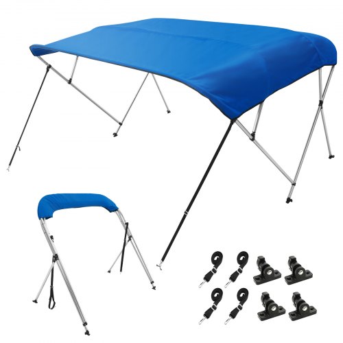 VEVOR 4 Bow Bimini Top Boat Cover, 900D Polyester Canopy with 1" Aluminum Alloy Frame, Waterproof and Sun Shade, Includes Storage Boot, 2 Support Poles, 4 Straps, 8'L x 54"H x 91"-96"W, Pacific Blue