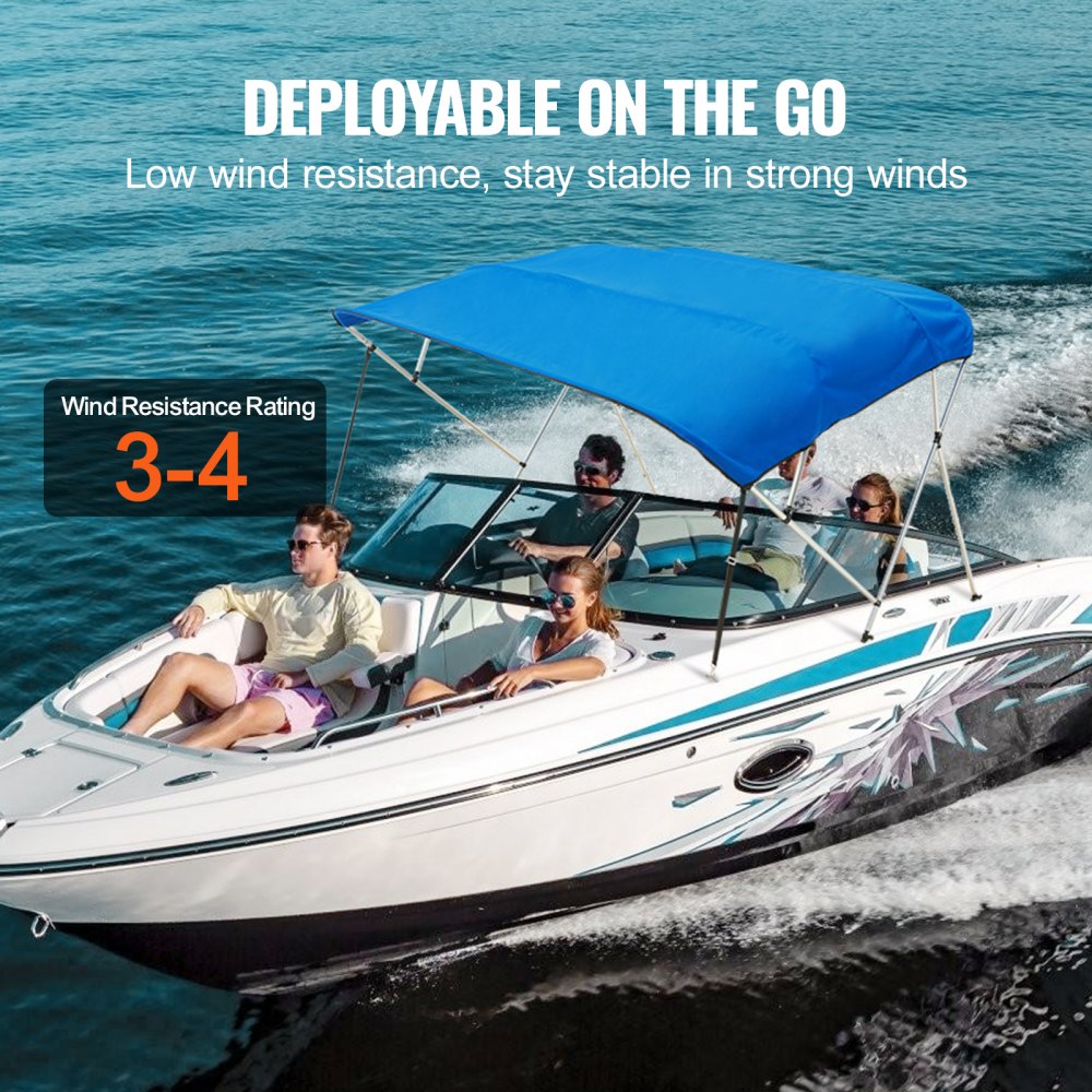 VEVOR 4 Bow Bimini Top Boat Cover, 900D Polyester Canopy with 1" Aluminum Alloy Frame, Waterproof and Sun Shade, Includes Storage Boot, 2 Support Poles, 4 Straps, 8'L x 54"H x 91"-96"W, Pacific Blue
