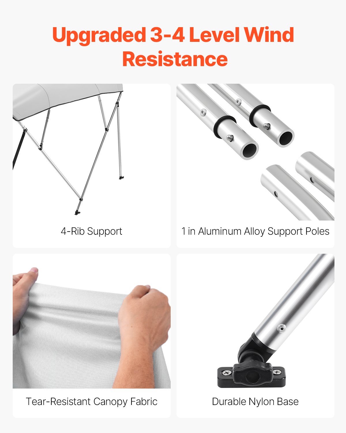 Stříška VEVOR pro lodě se 4 příděmi, polyesterová stříška 600D s rámem z hliníkové slitiny, vodotěsná a sluneční clona s úložným vakem, 2 podpěrné tyče, 4 popruhy, rozměry 240 cm D x (167-180 cm Š x 136 cm V, světle šedá