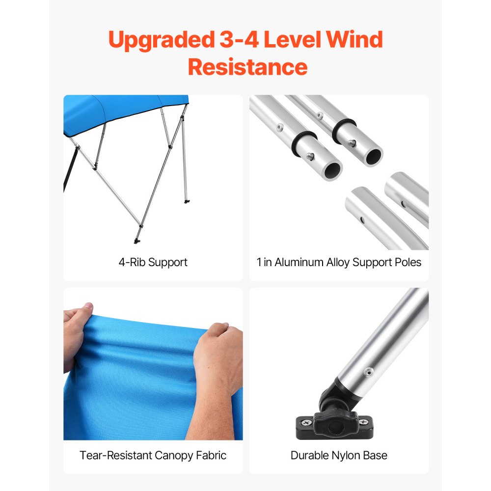 VEVOR 4 Bow Boat Bimini Tops, 600D Polyester Canopy with Aluminum Alloy Frame, Waterproof & Sun Shade Boat Awning Canopy with Storage Bag, 2 Support Poles, 4 Straps, 96"Lx(67"-72")Wx54"H, Pacific Blue