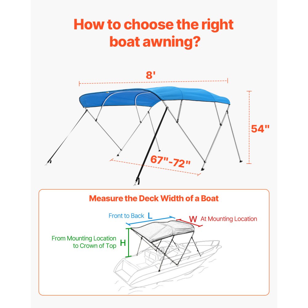 VEVOR 4 Bow Boat Bimini Tops, 600D Polyester Canopy with Aluminum Alloy Frame, Waterproof & Sun Shade Boat Awning Canopy with Storage Bag, 2 Support Poles, 4 Straps, 96"Lx(67"-72")Wx54"H, Pacific Blue