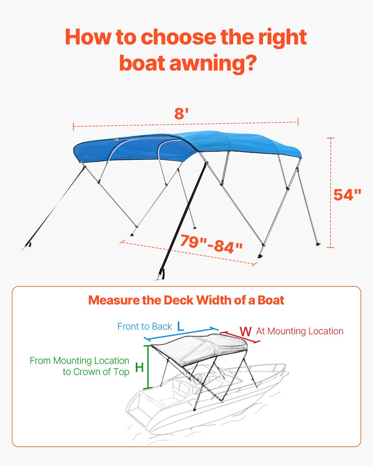 VEVOR 4 Bow Boat Bimini Tops, 600D Polyester Canopy with Aluminum Alloy Frame, Waterproof & Sun Shade Boat Awning Canopy with Storage Bag, 2 Support Poles, 4 Straps, 96"Lx(79"-84")Wx54"H, Pacific Blue