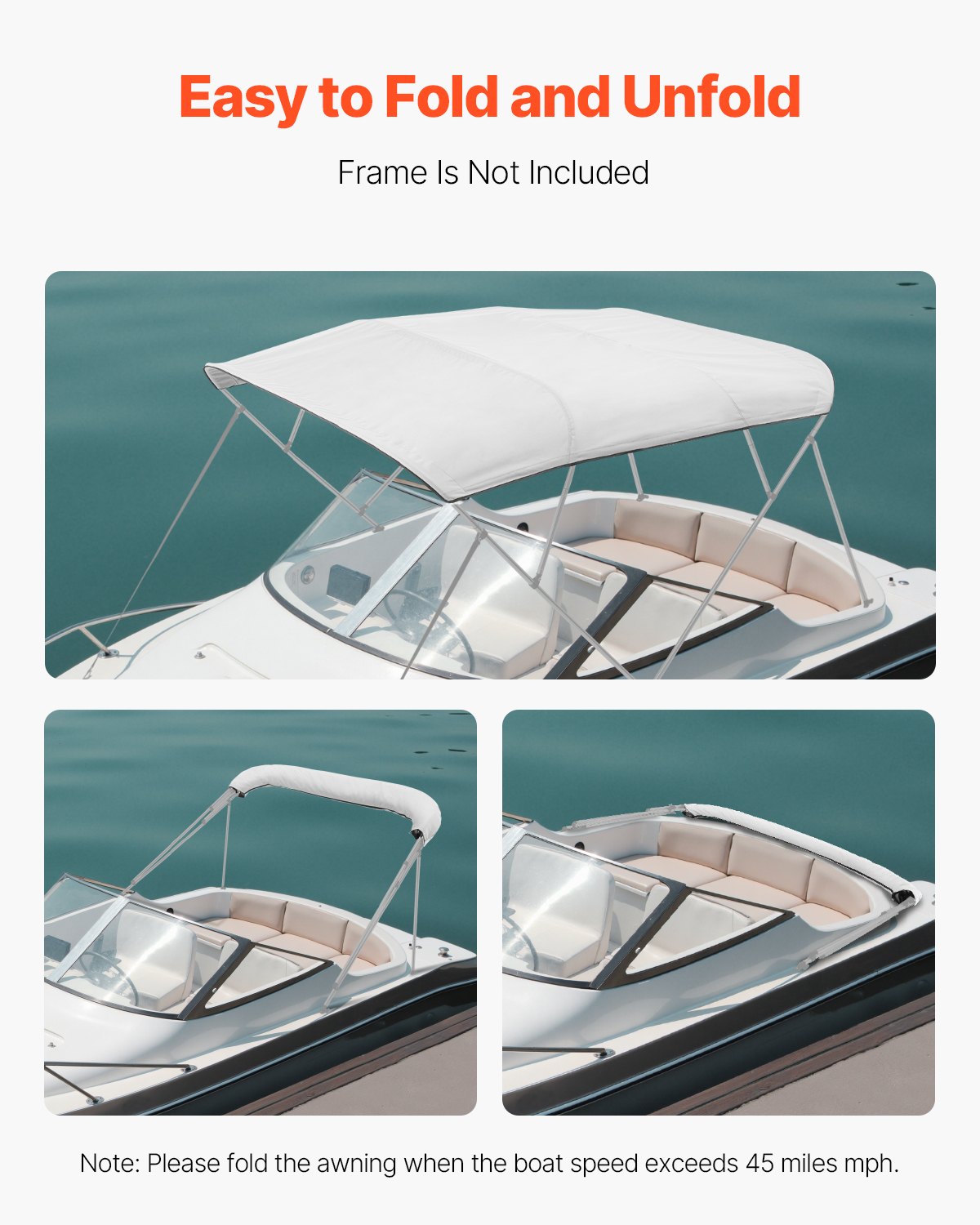 VEVOR 4 Bow Boat Bimini Tops, 600D Polyester Canopy, Waterproof & Sun Protection Boat Awning Canopy with Storage Bag, Bimini Top Replacement, 96"Lx(91"-96")W, Light Grey (Support Frame Not Included)
