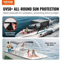 VEVOR 4 Bow Bimini Top Boat Cover, Detachable Mesh Sidewalls, 600D Polyester Canopy with 1" Aluminum Alloy Frame, Includes Storage Boot, 2 Straps, 2 Support Poles, 8'L x 54"H x 85"-90"W, Light Grey