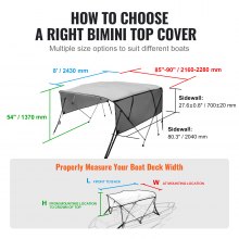 VEVOR 4 Bow Bimini Top Boat Cover, Detachable Mesh Sidewalls, 600D Polyester Canopy with 1" Aluminum Alloy Frame, Includes Storage Boot, 2 Support Poles, 2 Straps, 8'L x 54"H x 85"-90"W, Light Grey