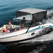 VEVOR 4 Bow Bimini Top Boat Cover, Detachable Mesh Sidewalls, 600D Polyester Canopy with 1" Aluminum Alloy Frame, Includes Storage Boot, 2 Support Poles, 2 Straps, 8'L x 54"H x 85"-90"W, Light Grey