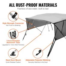 VEVOR 4 Bow Bimini Top Boat Cover, Detachable Mesh Sidewalls, 600D Polyester Canopy with 1" Aluminum Alloy Frame, Includes Storage Boot, 2 Support Poles, 2 Straps, 8'L x 54"H x 91"-96"W, Light Grey