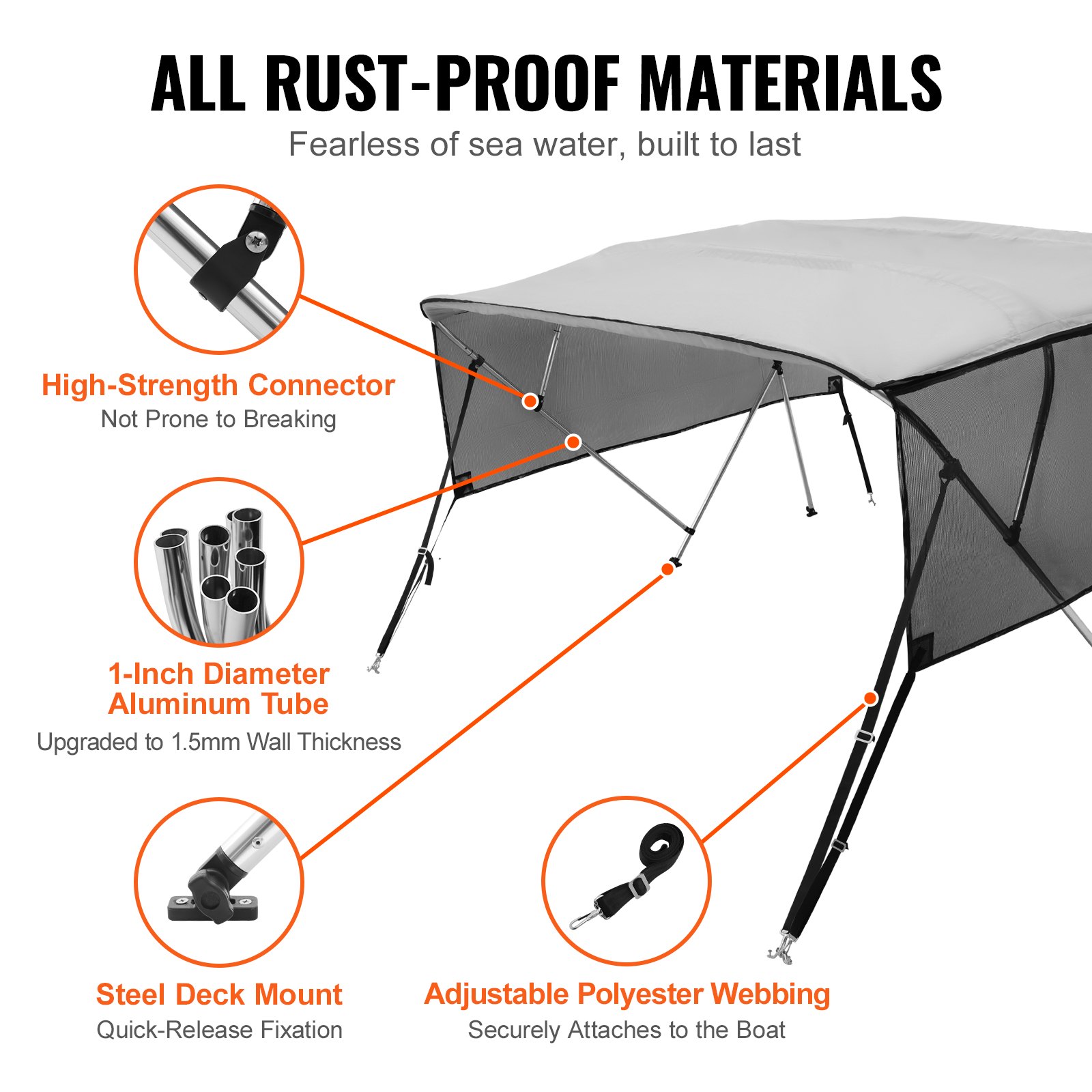 VEVOR 4 Bow Bimini Top Boat Cover, Detachable Mesh Sidewalls, 600D Polyester Canopy with 1" Aluminum Alloy Frame, Includes Storage Boot, 2 Support Poles, 2 Straps,2.4m L x 1.37m H x 2.3-2.44m W, Light Grey