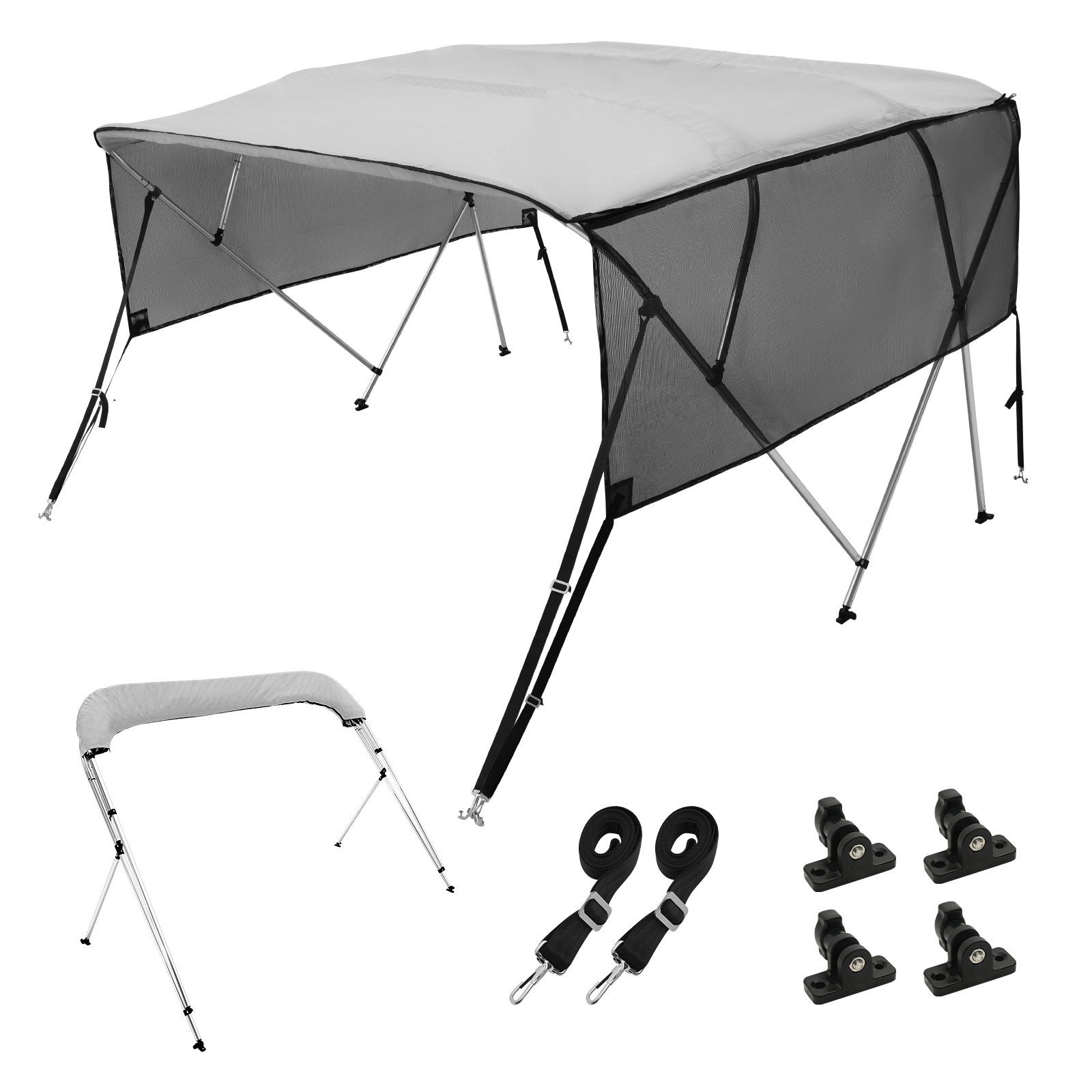 VEVOR 4 Bow Bimini Top Boat Cover, Detachable Mesh Sidewalls, 600D Polyester Canopy with 1" Aluminum Alloy Frame, Includes Storage Boot, 2 Support Poles, 2 Straps,2.4m L x 1.37m H x 2.3-2.44m W, Light Grey