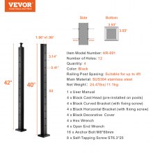 VEVOR 4-Pack Cable Railing Post, 42" x 2" x 2" Steel Horizontal Hole Deck Railing Post, 12 Pre-Drilled Holes, SUS304 Stainless Steel Cable Rail Post with Horizontal and Curved Bracket, Black