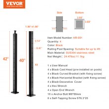 VEVOR 4-Pack Cable Railing Post, 42" x 2" x 2" Steel Horizontal Hole Deck Railing Post, 12 Pre-Drilled Holes, SUS304 Stainless Steel Cable Rail Post with Horizontal and Curved Bracket, Black