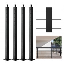 VEVOR 4-Pack Cable Railing Post, 42" x 2" x 2" Steel Horizontal Hole Deck Railing Post, 12 Pre-Drilled Holes, SUS304 Stainless Steel Cable Rail Post with Horizontal and Curved Bracket, Black